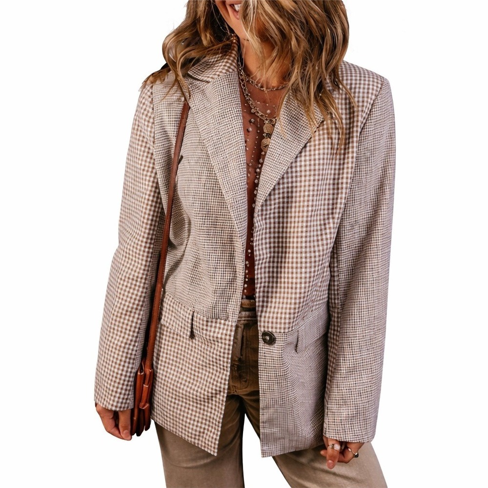 Bagatelle Collection Tan Gingham Patchwork Blazer Linen Jacket Size M petite